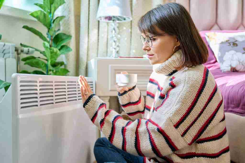 Trusted Ductless Heating and Cooling, ductless heating, ductless cooling in Puyallup | Woman warming herself in bedroom near electric heater